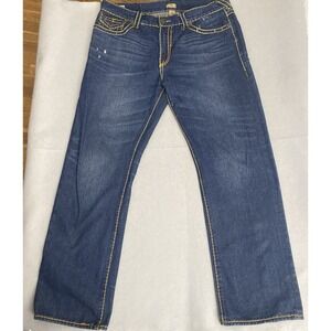 True Religion USA Men's Blue Denim Jeans Relaxed Straight 38x32 Thick Stitch